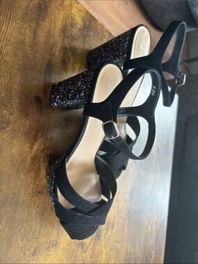 Jellypop Black Suede Strappy Block Heels with Multicolor Glitter Heel